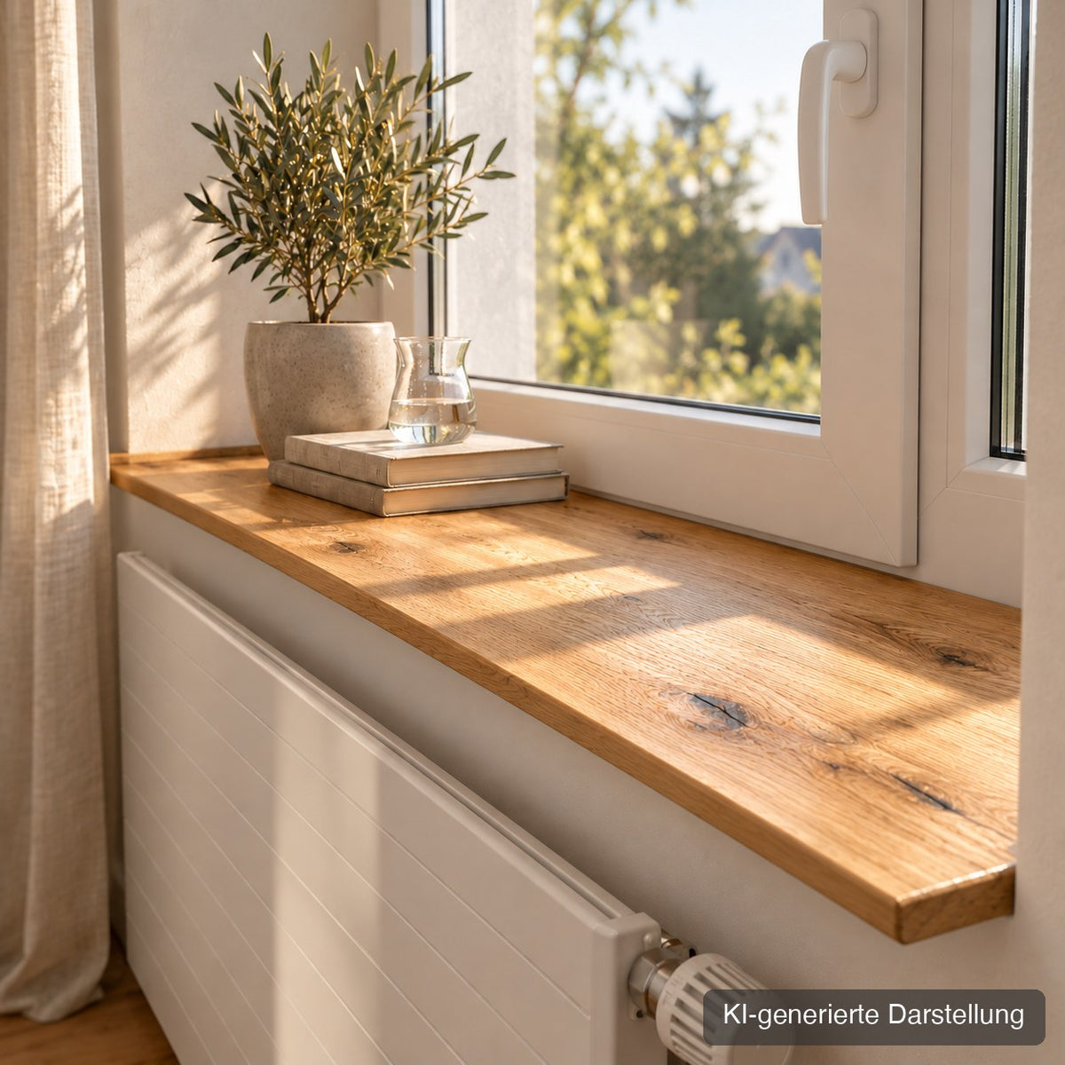 Deckplatte nach Maß aus Wildeiche als Fensterbank über dem Heizkörper (KI-generierte Darstellung)
