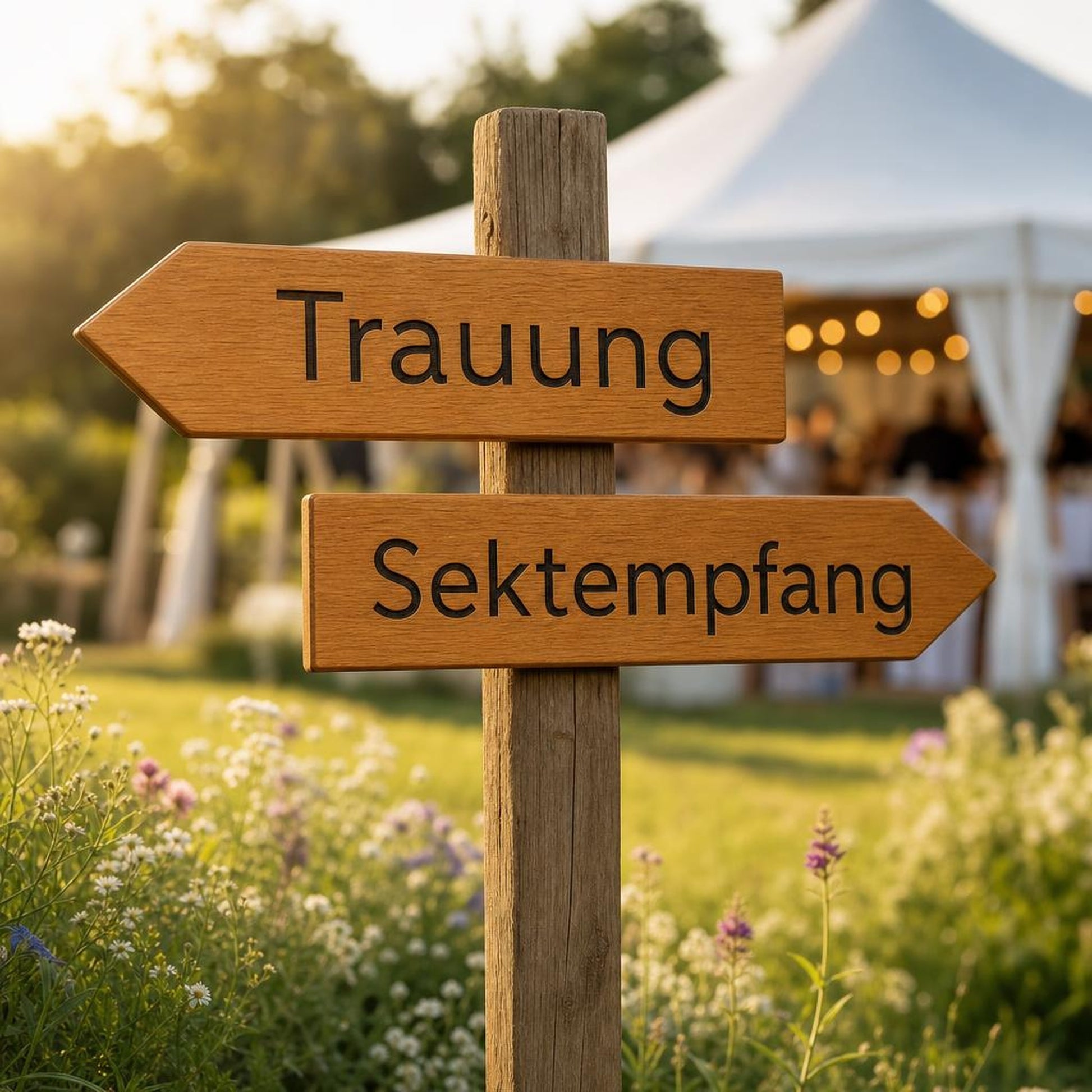 Eichen Wegweiser Paar – Trauung & Sektempfang am Pfosten