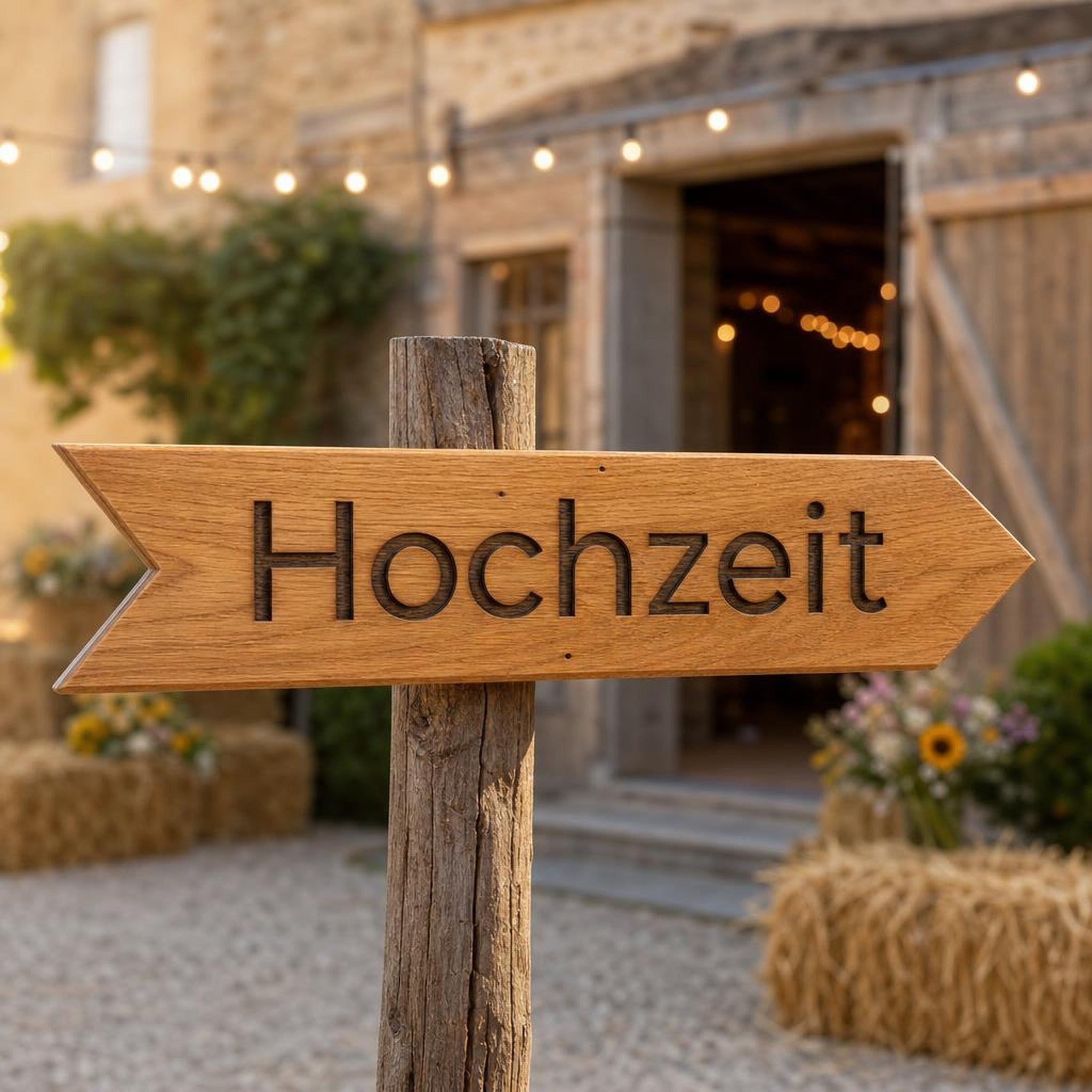 Eichen Wegweiser Hochzeit – Scheune mit Lichterketten