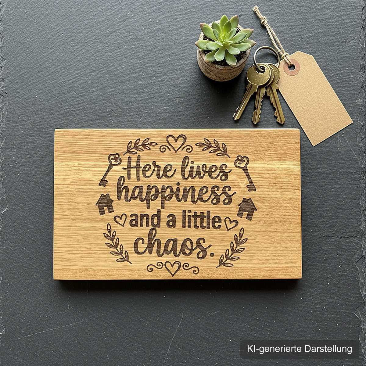 Holzschild 'Here lives happiness' · Wildeiche, KI-generierte Darstellung