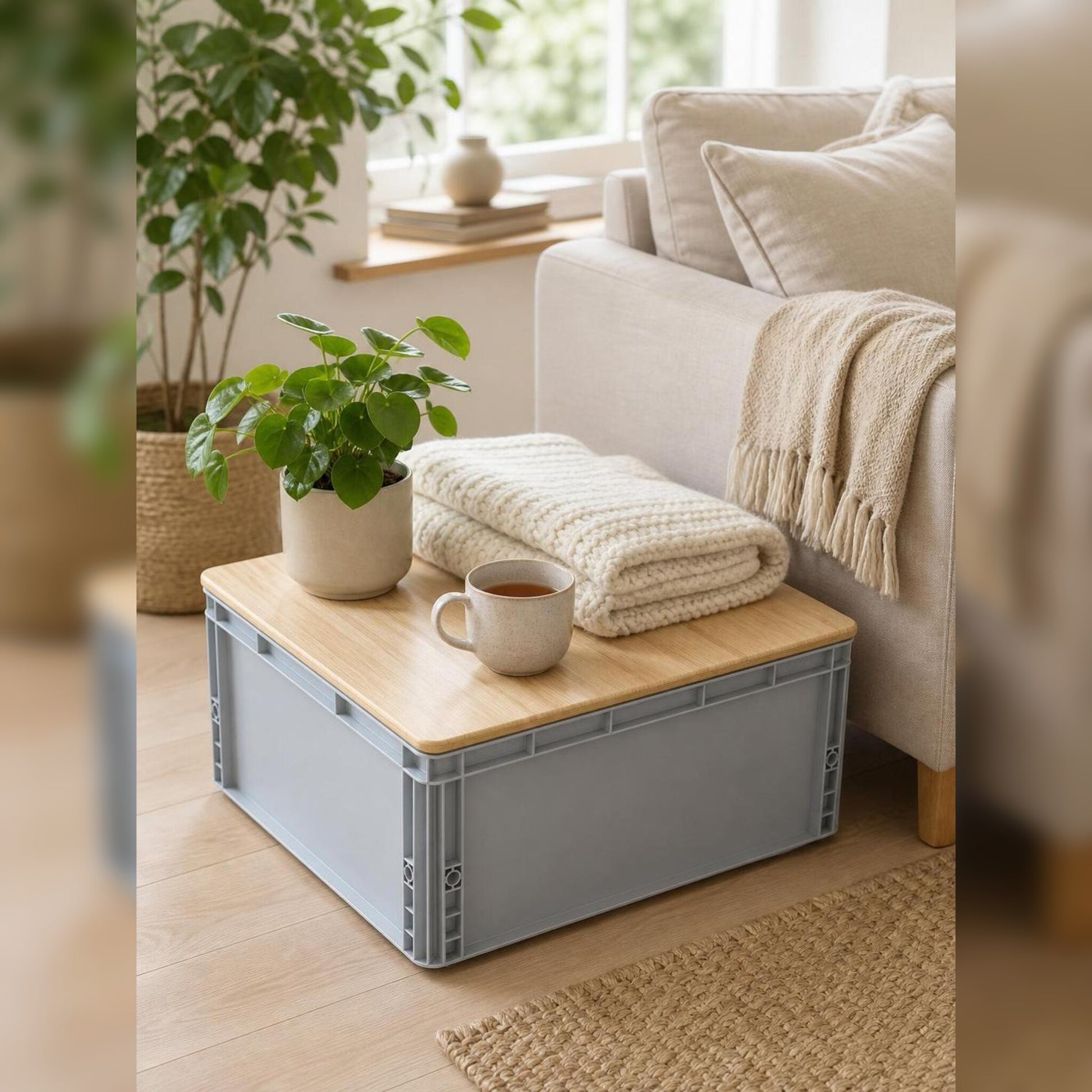 Eurobox mit Bambus-Deckel als Hocker und Beistelltisch im Wohnzimmer