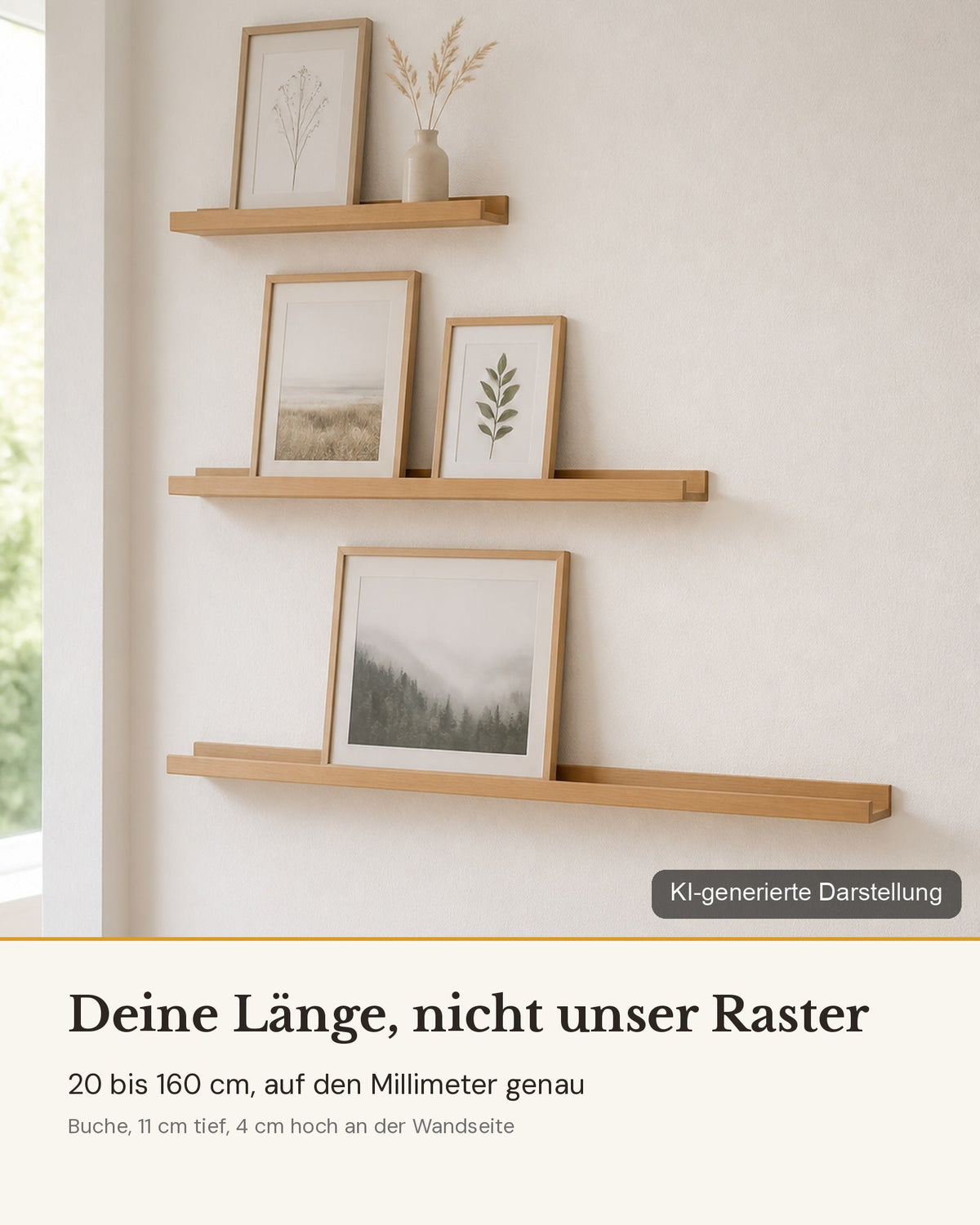 Bilderleiste nach Maß aus Buche in drei Längen an einer Wand, KI-generierte Darstellung