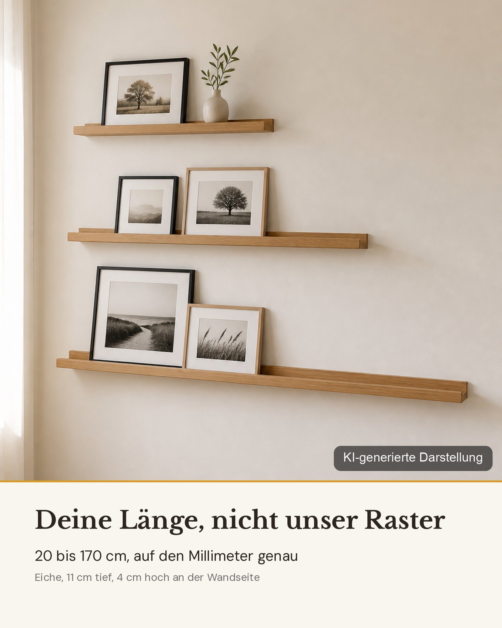 Bilderleiste nach Maß aus Eiche in drei Längen an einer Wand, KI-generierte Darstellung