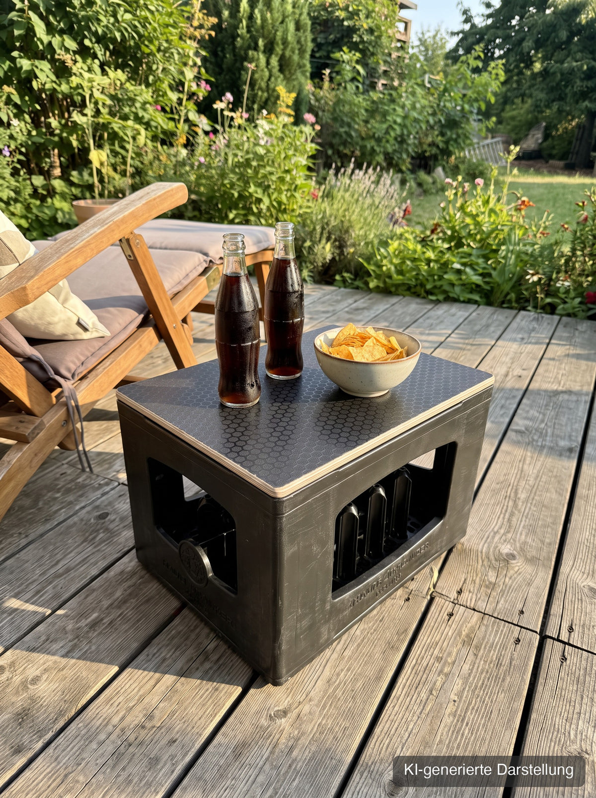 Fritz-Kola Kasten-Deckel mit Hexagon-Auflage als Beistelltisch auf der Terrasse