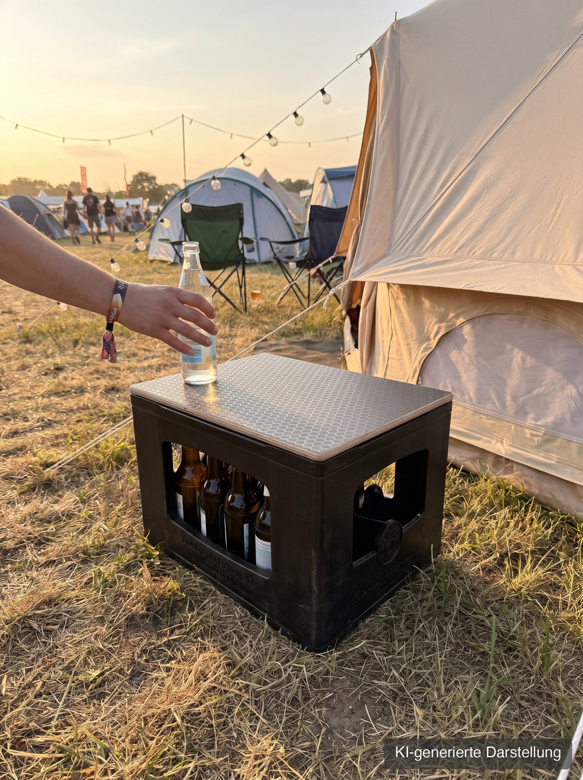 Getränkekasten mit Hexagon-Deckel als Hocker auf dem Festival-Zeltplatz