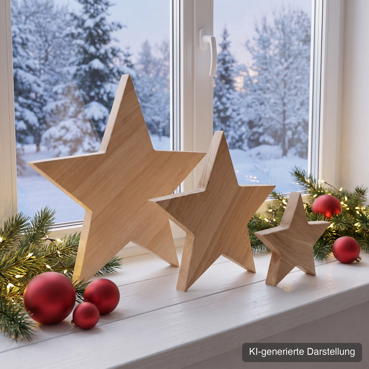 Holzsterne aus Eiche auf der Fensterbank mit Winterblick – KI-generierte Darstellung