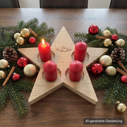 Adventskranz Stern aus Wildeiche, ca. 37 x 35 cm, mit vier Kerzenmulden, Gravur Frohe Weihnachten auf der oberen Spitze, auf dem Esstisch mit vier roten Stumpenkerzen, viel Tannengrün, Kugeln, Zapfen und Zimtstangen, KI-generierte Darstellung