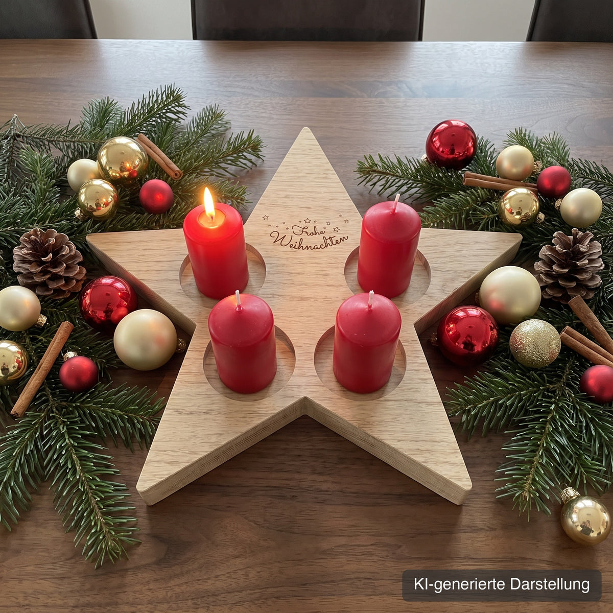 Adventskranz Stern aus Wildeiche, ca. 37 x 35 cm, mit vier Kerzenmulden, Gravur Frohe Weihnachten auf der oberen Spitze, auf dem Esstisch mit vier roten Stumpenkerzen, viel Tannengrün, Kugeln, Zapfen und Zimtstangen, KI-generierte Darstellung