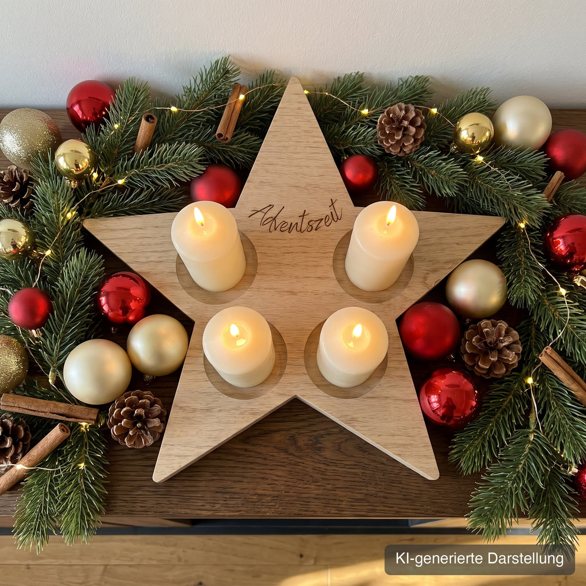 Adventskranz Stern aus Wildeiche, ca. 37 x 35 cm, mit vier Kerzenmulden, Gravur Adventszeit auf der oberen Spitze, auf dem Kaminsims mit Tannengirlande und Lichterkette, vier cremeweiße Stumpenkerzen, Kugeln und Zapfen, KI-generierte Darstellung