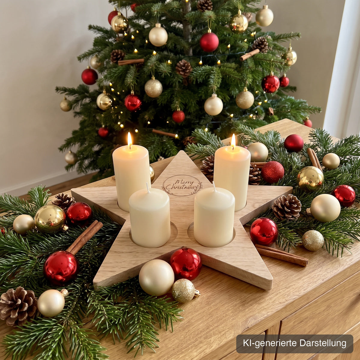 Adventskranz Stern aus Wildeiche, ca. 37 x 35 cm, mit vier Kerzenmulden, Gravur Merry Christmas auf der oberen Spitze, auf dem Sideboard vor dem Weihnachtsbaum, vier cremeweiße Stumpenkerzen, viel Tannengrün und Kugeln, KI-generierte Darstellung
