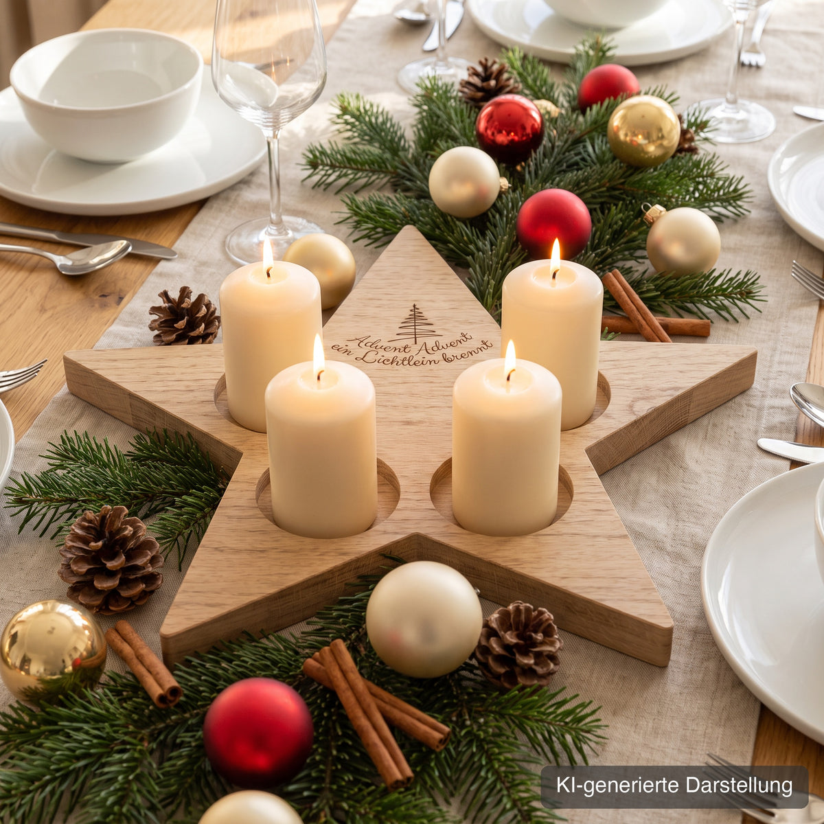 Adventskranz Stern aus Wildeiche, ca. 37 x 35 cm, mit vier Kerzenmulden, Gravur Advent Advent ein Lichtlein brennt auf der oberen Spitze, auf dem gedeckten Tisch, vier cremeweiße Stumpenkerzen, Tannengrün und Kugeln, KI-generierte Darstellung