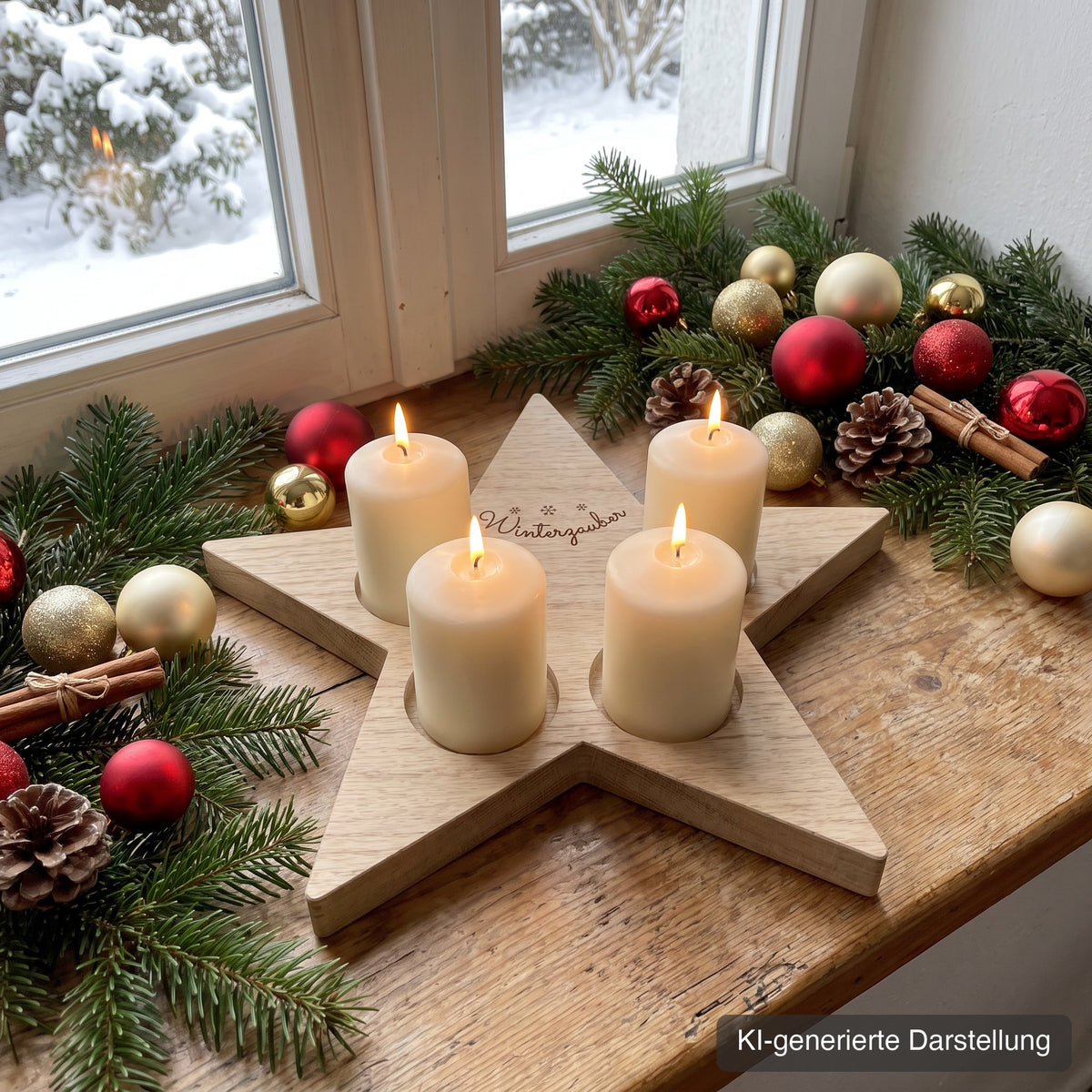 Adventskranz Stern aus Wildeiche, ca. 37 x 35 cm, mit vier Kerzenmulden, Gravur Winterzauber auf der oberen Spitze, auf der Fensterbank mit verschneitem Garten, vier cremeweiße Stumpenkerzen, Tannengrün und Kugeln, KI-generierte Darstellung