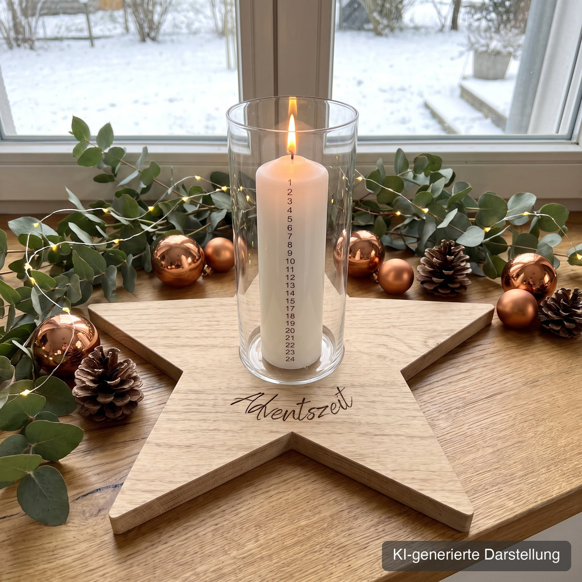 Adventsstern aus Wildeiche, ca. 37 x 35 cm, mit Glasmulde, Gravur Adventszeit, auf der Fensterbank mit Blick in den verschneiten Garten, Eukalyptus und kupferfarbenen Kugeln, Stumpenkerze im Glaszylinder, KI-generierte Darstellung