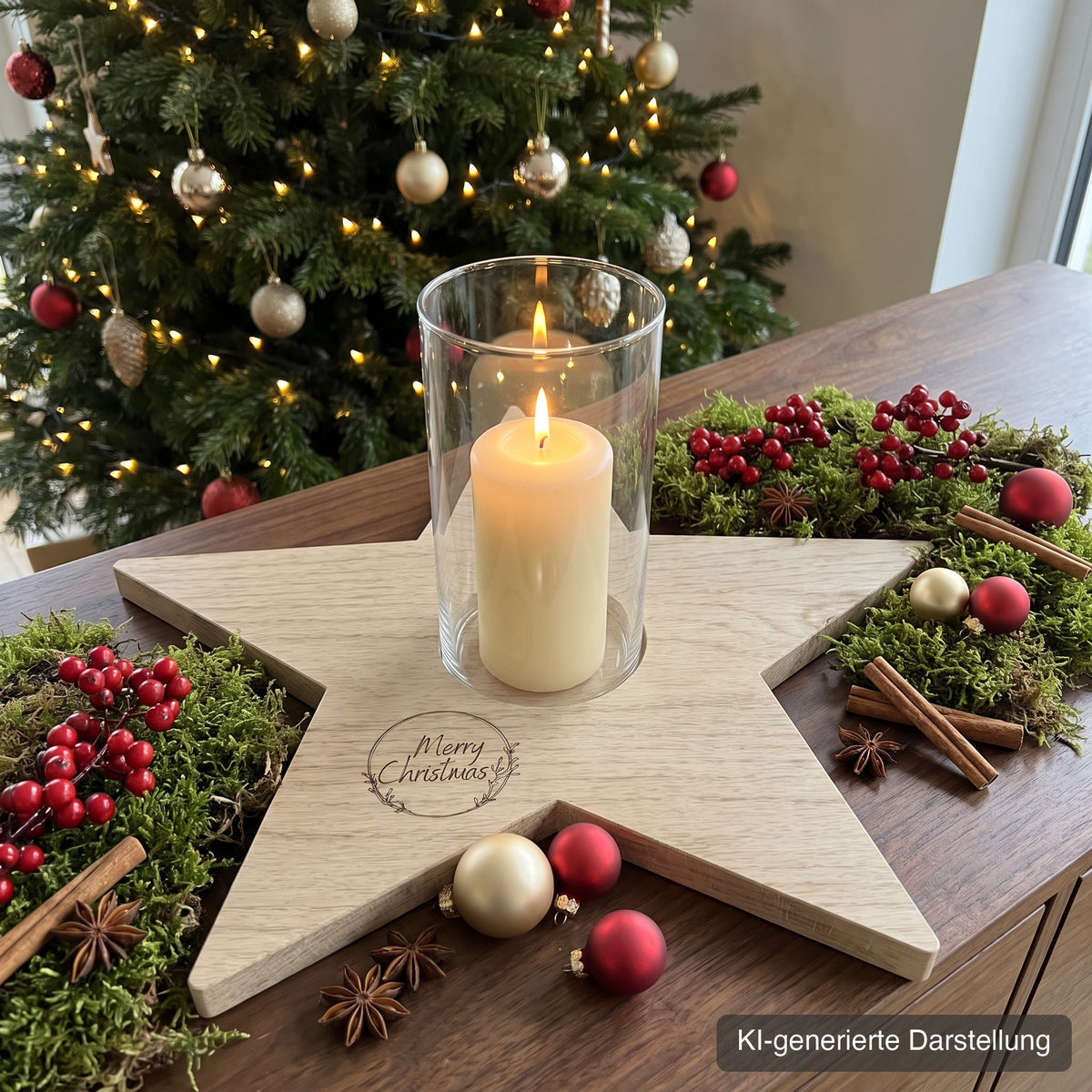 Adventsstern aus Wildeiche, ca. 37 x 35 cm, mit Glasmulde, Gravur Merry Christmas, auf dem Sideboard vor dem Weihnachtsbaum, mit roten und cremefarbenen Kugeln und Zapfen, Stumpenkerze im Glaszylinder, KI-generierte Darstellung