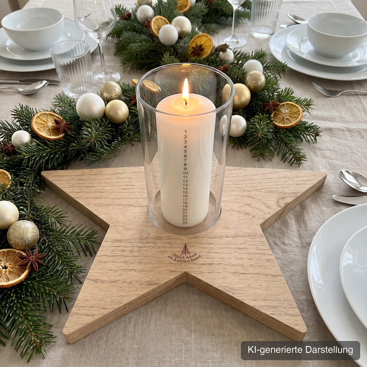 Adventsstern aus Wildeiche, ca. 37 x 35 cm, mit Glasmulde, Gravur Advent Advent ein Lichtlein brennt, auf dem gedeckten Tisch mit Geschirr, Tannengrün und Orangenscheiben, Stumpenkerze im Glaszylinder, KI-generierte Darstellung