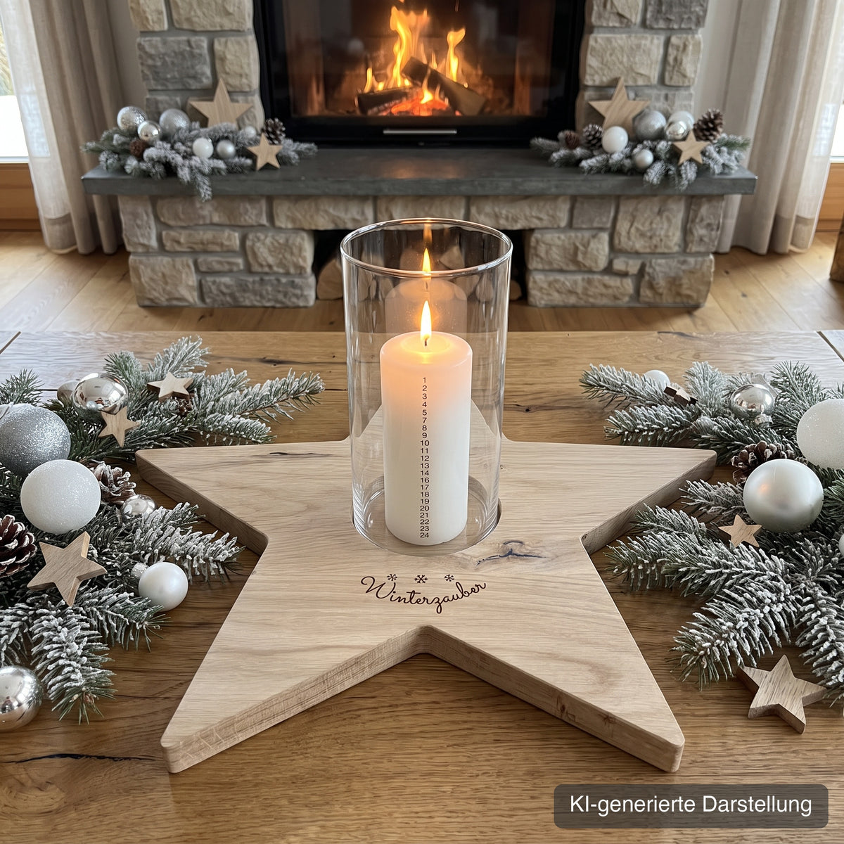 Adventsstern aus Wildeiche, ca. 37 x 35 cm, mit Glasmulde, Gravur Winterzauber, vor dem Kamin mit beschneiten Zweigen, silbernen Kugeln und Holzsternen, Stumpenkerze im Glaszylinder, KI-generierte Darstellung