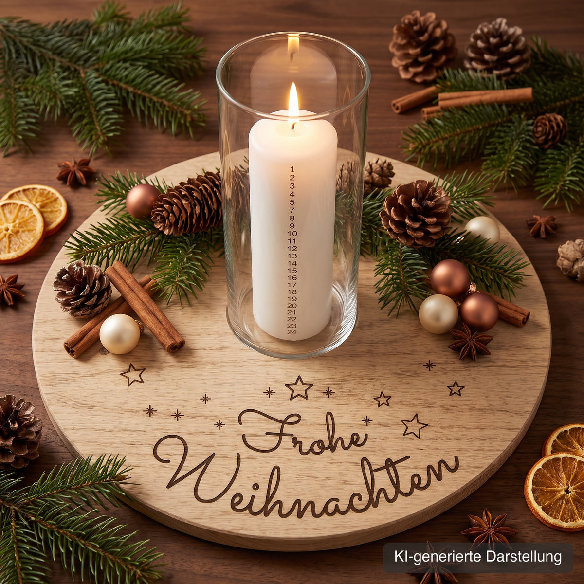 Adventsteller aus Wildeiche, Ø 35 cm, mit Glasmulde, Gravur Frohe Weihnachten, auf dem Esstisch mit Tannenzweigen, Zapfen, Zimtstangen und Orangenscheiben, Stumpenkerze im Glaszylinder, KI-generierte Darstellung