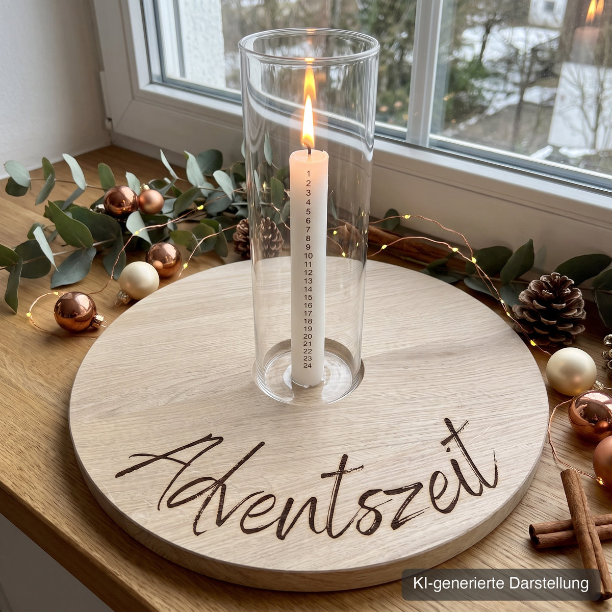Adventsteller aus Wildeiche, Ø 35 cm, mit Glasmulde, Gravur Adventszeit, auf der Fensterbank mit Eukalyptuszweigen, Lichterkette und kupferfarbenen Kugeln, Stumpenkerze im Glaszylinder, KI-generierte Darstellung