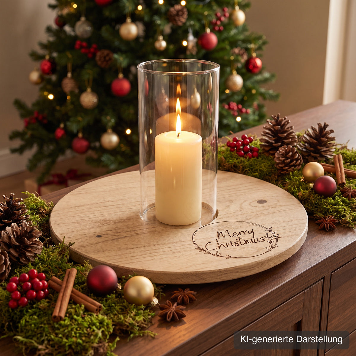 Adventsteller aus Wildeiche, Ø 35 cm, mit Glasmulde, Gravur Merry Christmas, auf dem Sideboard vor dem geschmückten Weihnachtsbaum, mit Moos, roten Beeren und Zapfen, Stumpenkerze im Glaszylinder, KI-generierte Darstellung
