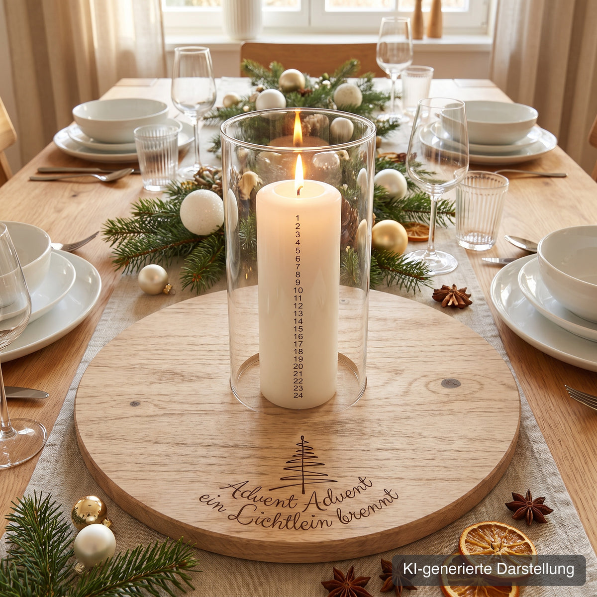 Adventsteller aus Wildeiche, Ø 35 cm, mit Glasmulde, Gravur Advent Advent ein Lichtlein brennt mit Tannenbaum, auf dem festlich gedeckten Tisch mit Geschirr und Gläsern, Stumpenkerze im Glaszylinder, KI-generierte Darstellung