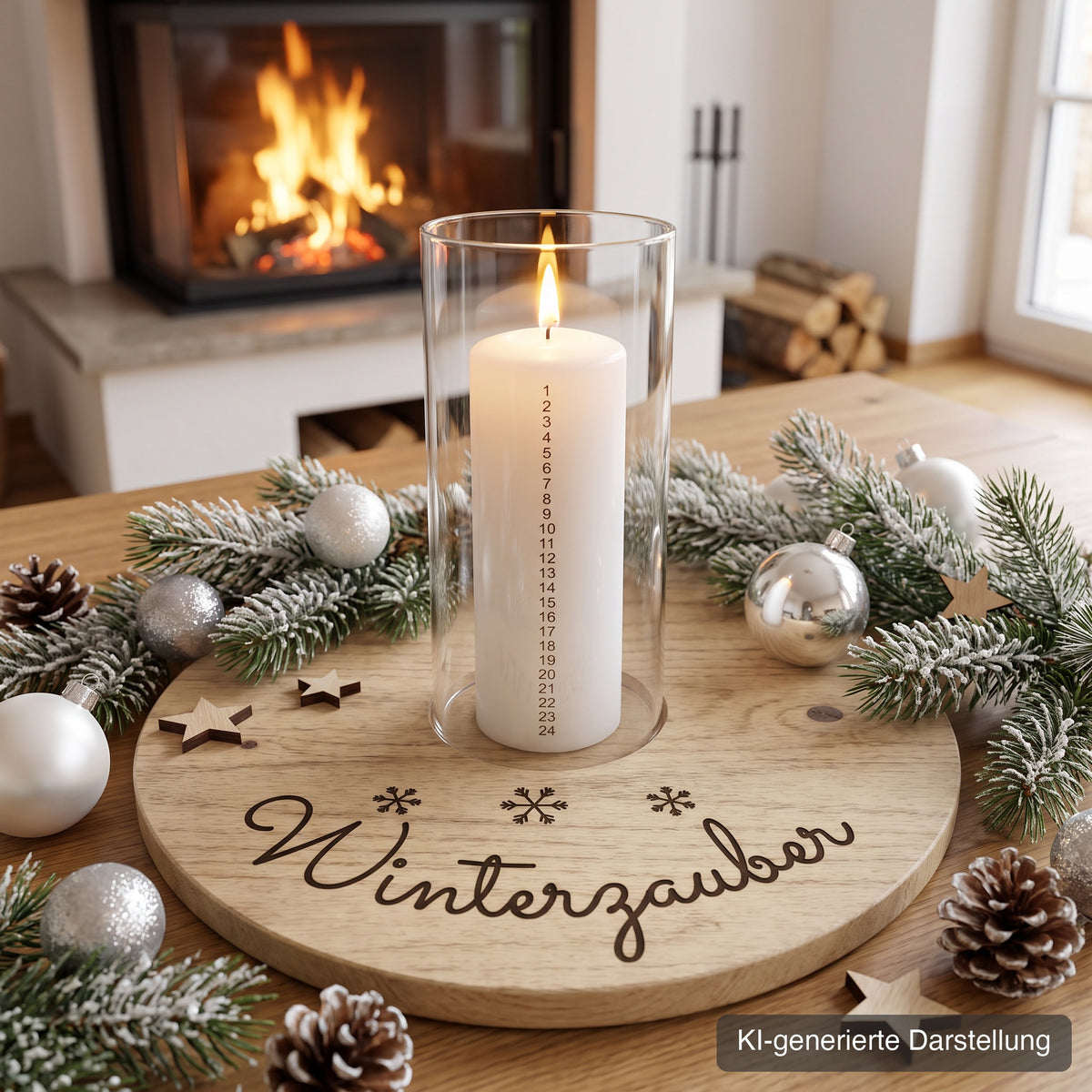 Adventsteller aus Wildeiche, Ø 35 cm, mit Glasmulde, Gravur Winterzauber, vor dem Kamin mit beschneiten Zweigen und silbernen Kugeln, Stumpenkerze im Glaszylinder, KI-generierte Darstellung