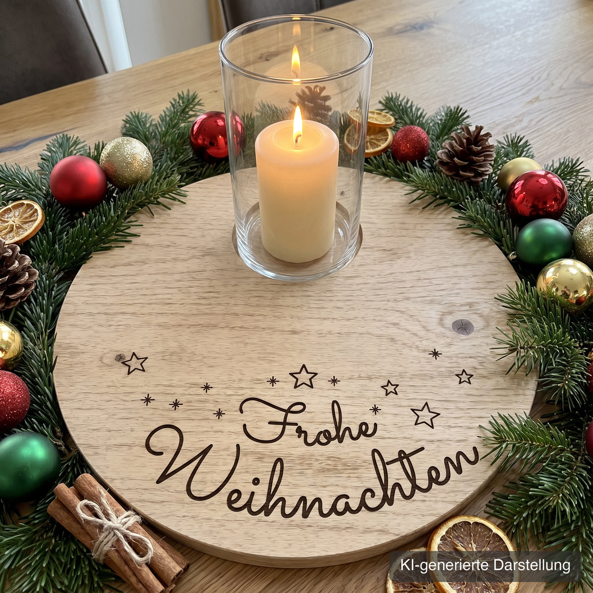 Adventsteller aus Wildeiche, Ø 35 cm, mit Glasmulde am Rand, Gravur Frohe Weihnachten, auf dem Esstisch mit Tannenzweigen, Kugeln, Zapfen, Zimtstangen und Orangenscheiben, Stumpenkerze im Glaszylinder oben in der Mulde, KI-generierte Darstellung