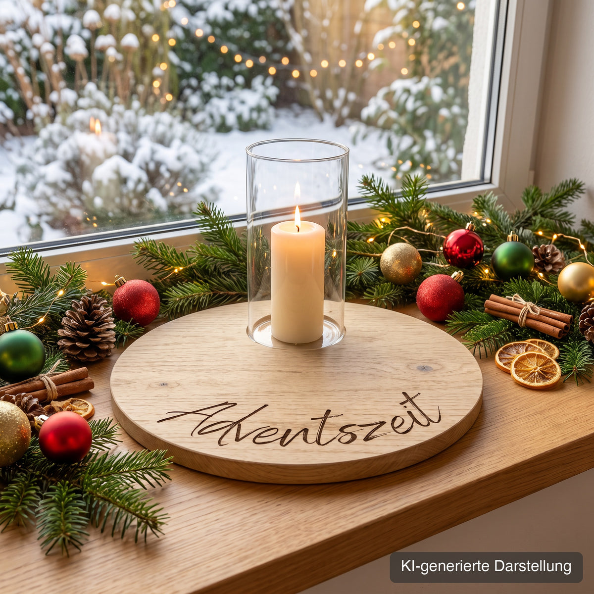 Adventsteller aus Wildeiche, Ø 35 cm, mit Glasmulde am Rand, Gravur Adventszeit, auf der Fensterbank vor dem verschneiten Garten, mit Tannengrün, Lichterkette, Kugeln und Zapfen, Stumpenkerze im Glas oben in der Mulde, KI-generierte Darstellung