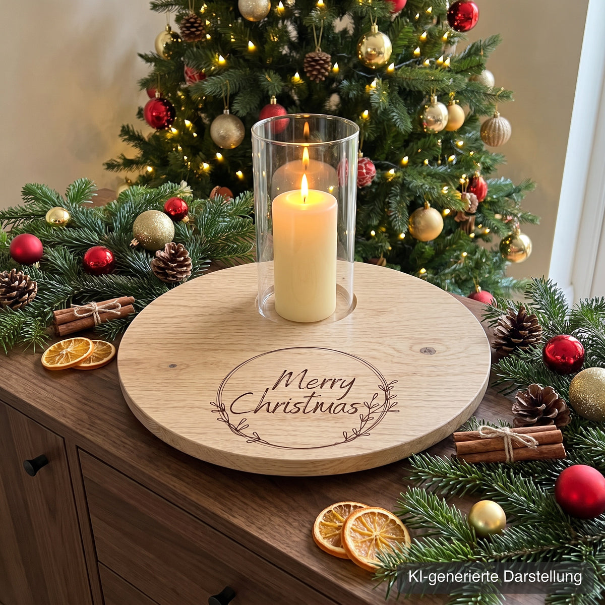 Adventsteller aus Wildeiche, Ø 35 cm, mit Glasmulde am Rand, Gravur Merry Christmas, auf dem Sideboard vor dem geschmückten Weihnachtsbaum, mit Tannengrün, Kugeln und Zapfen, Stumpenkerze im Glas oben in der Mulde, KI-generierte Darstellung
