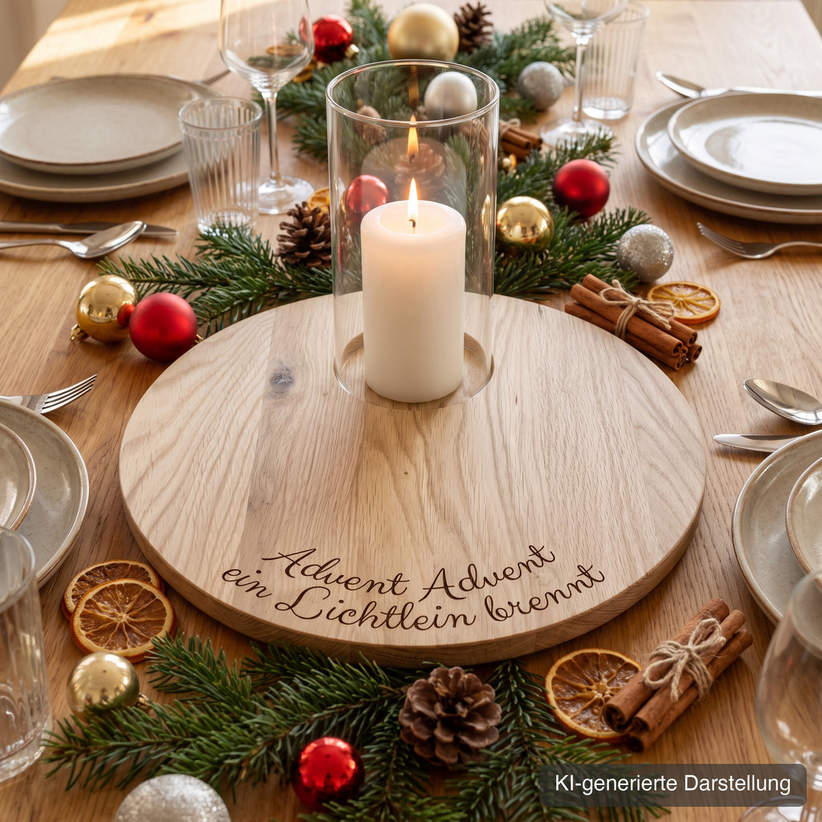 Adventsteller aus Wildeiche, Ø 35 cm, mit Glasmulde am Rand, Gravur Advent Advent ein Lichtlein brennt, auf dem gedeckten Tisch mit Geschirr und Gläsern, Tannengrün und Kugeln, Stumpenkerze im Glas oben in der Mulde, KI-generierte Darstellung