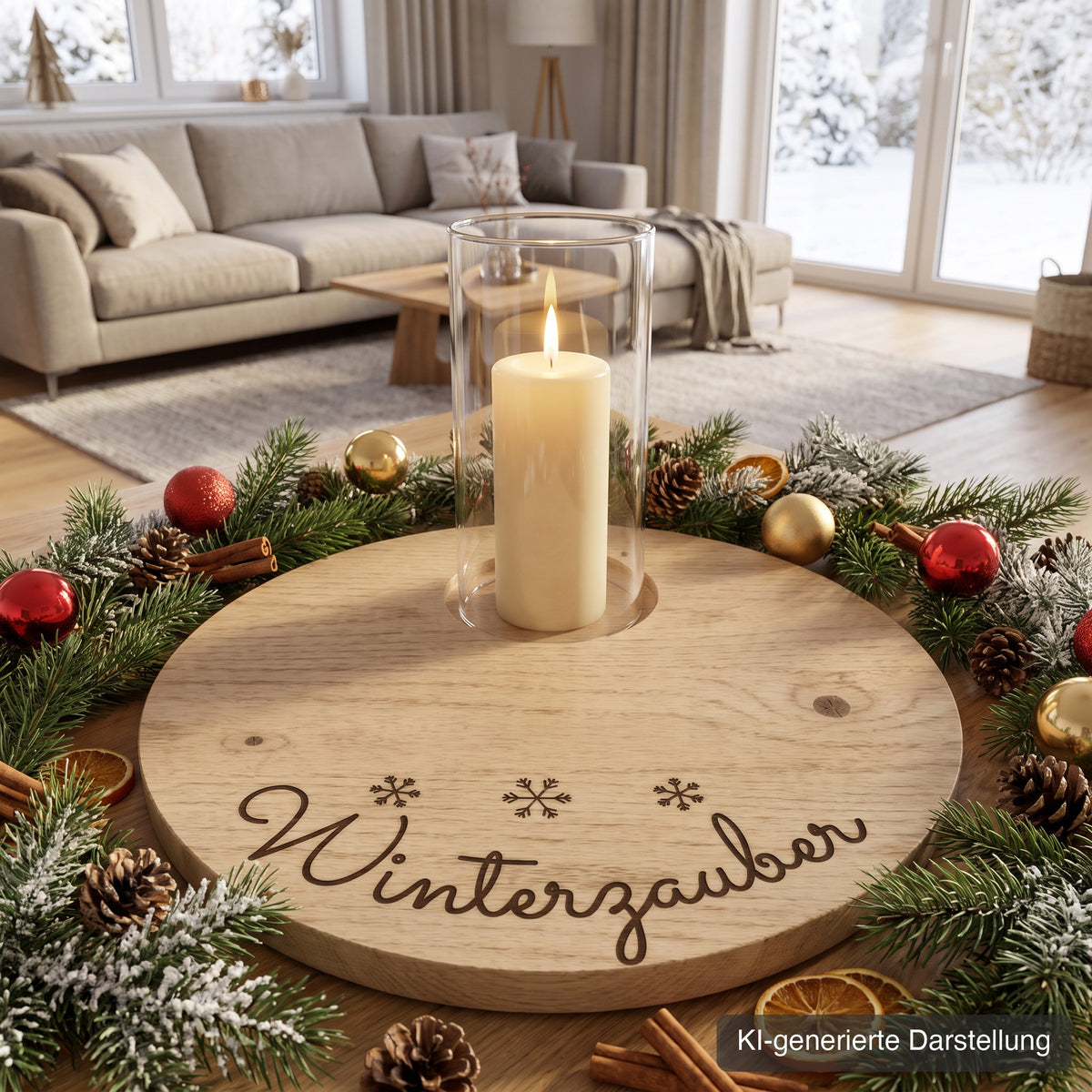 Adventsteller aus Wildeiche, Ø 35 cm, mit Glasmulde am Rand, Gravur Winterzauber, auf dem Couchtisch im Wohnzimmer mit beschneiten Zweigen, Kugeln und Zapfen, Stumpenkerze im Glas oben in der Mulde, KI-generierte Darstellung
