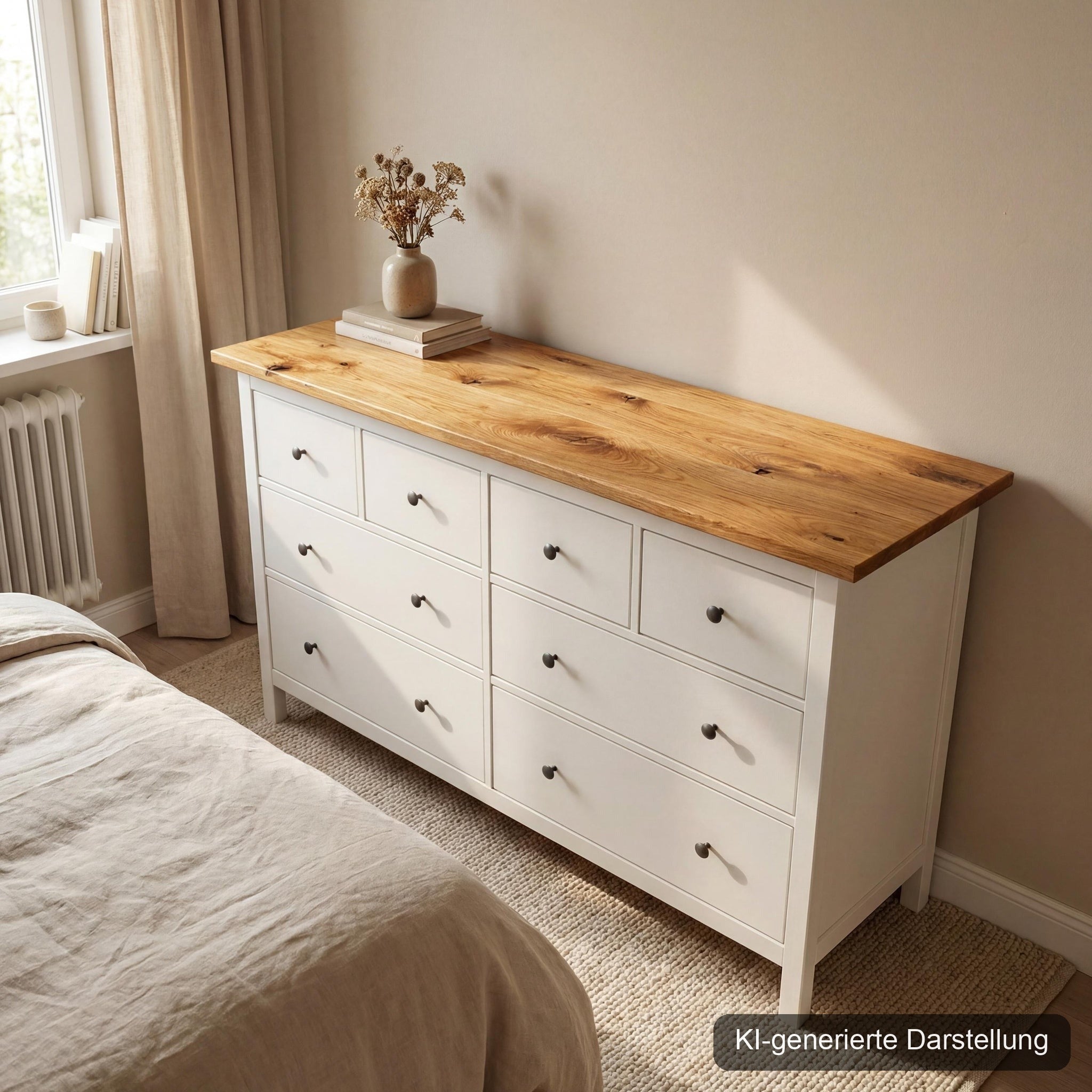 Hemnes Deckplatte Wildeiche · Massivholz 19 mm, KI-generierte Darstellung