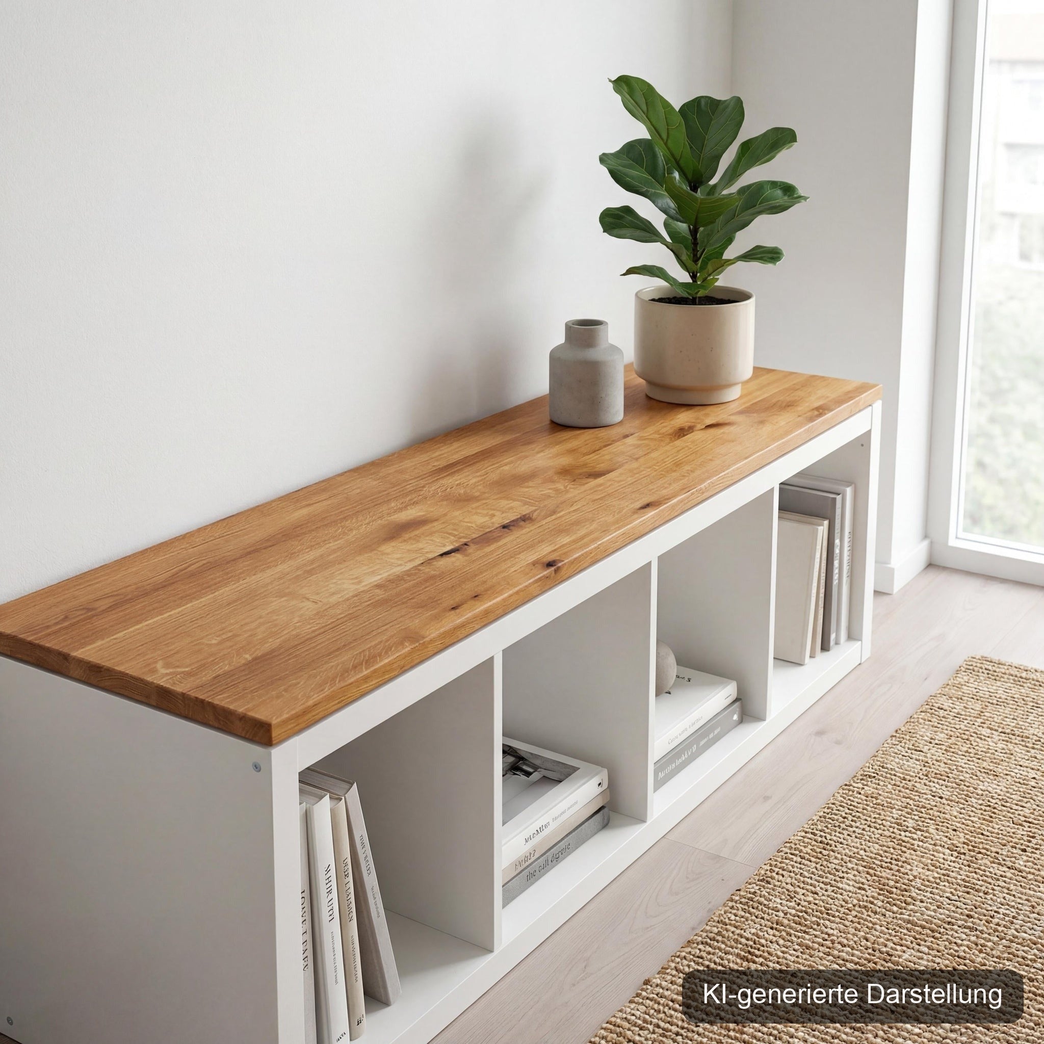 Kallax Deckplatte Wildeiche · Massivholz 19 mm, KI-generierte Darstellung