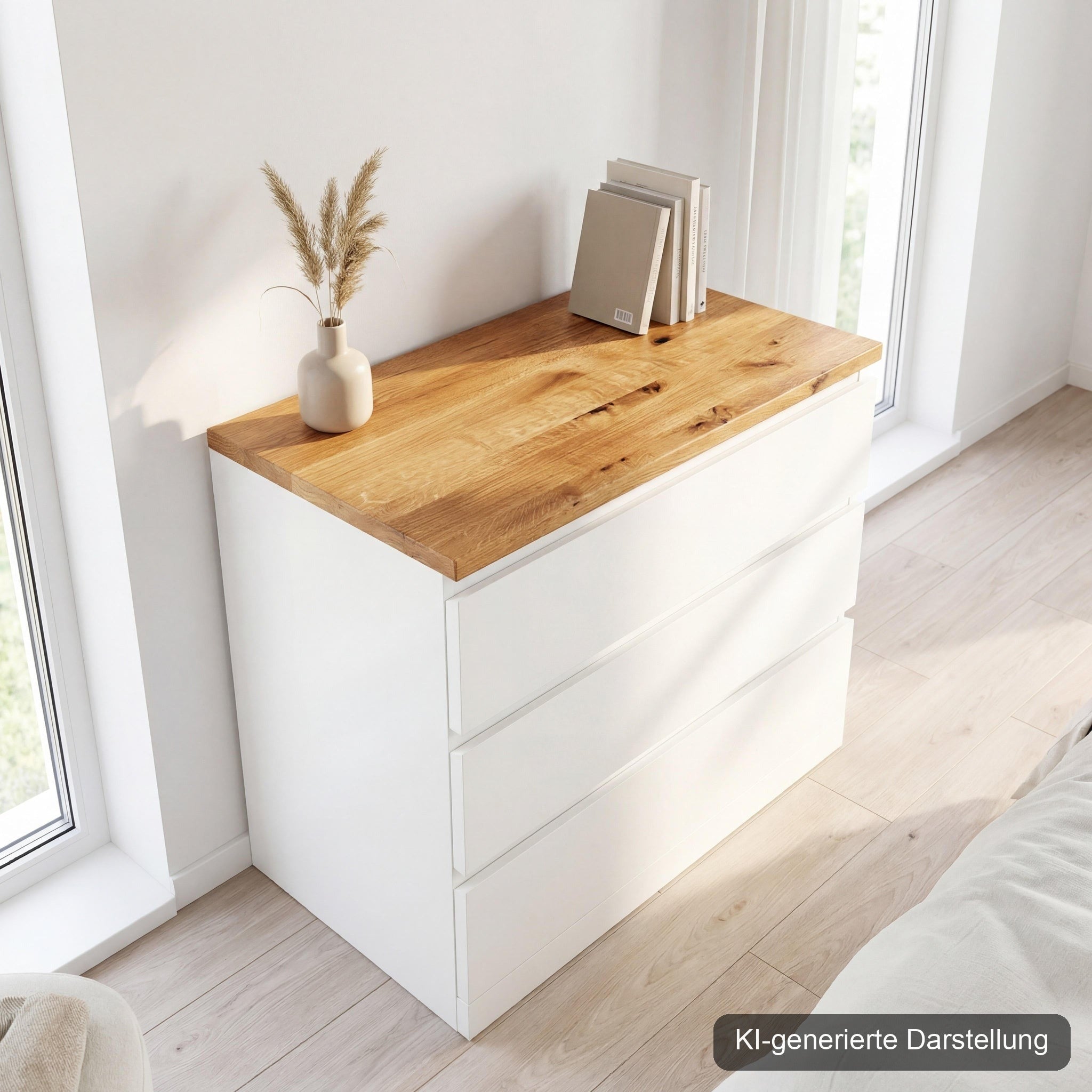 Malm Deckplatte Wildeiche · Massivholz 19 mm, KI-generierte Darstellung