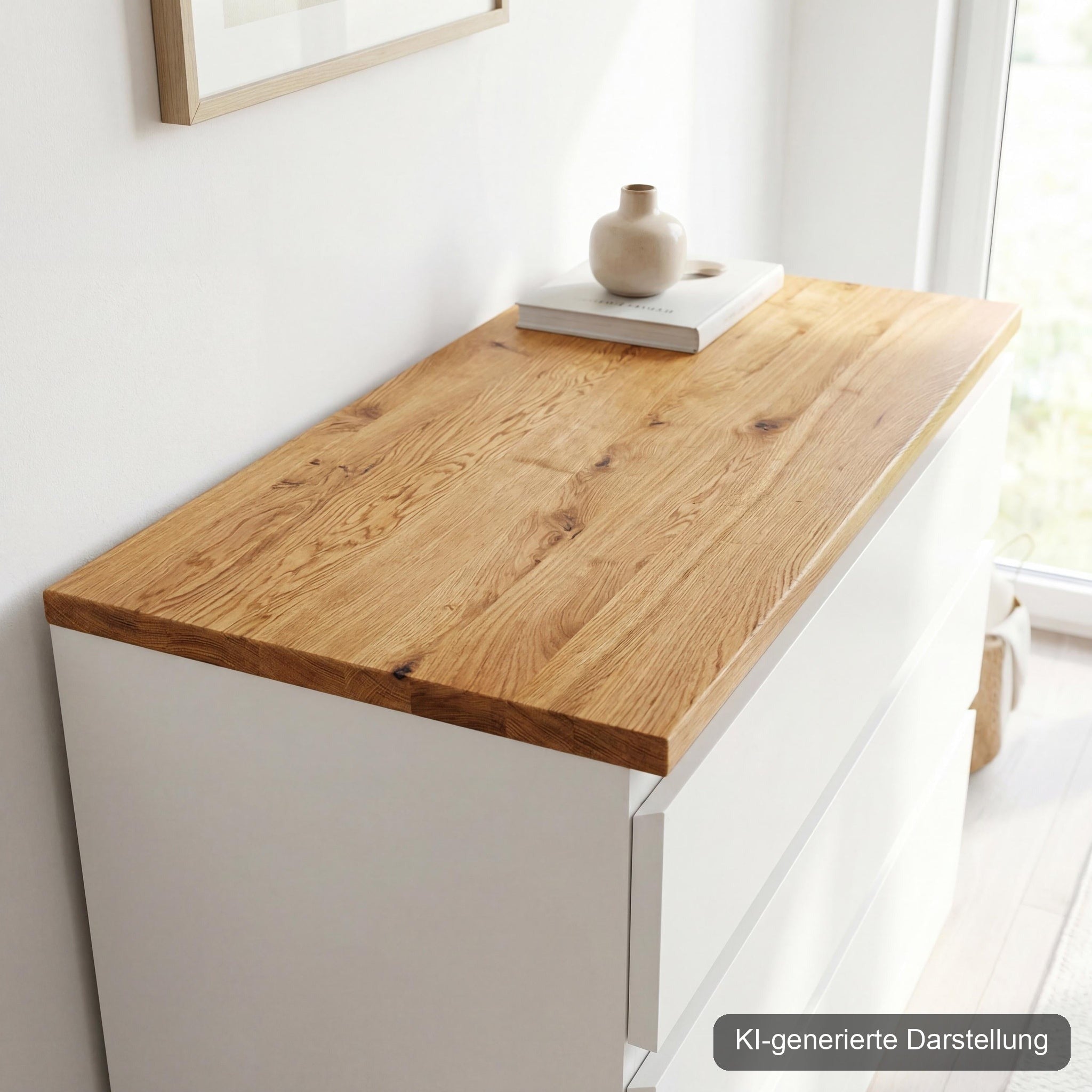 Malm Deckplatte Wildeiche · Massivholz 19 mm, KI-generierte Darstellung