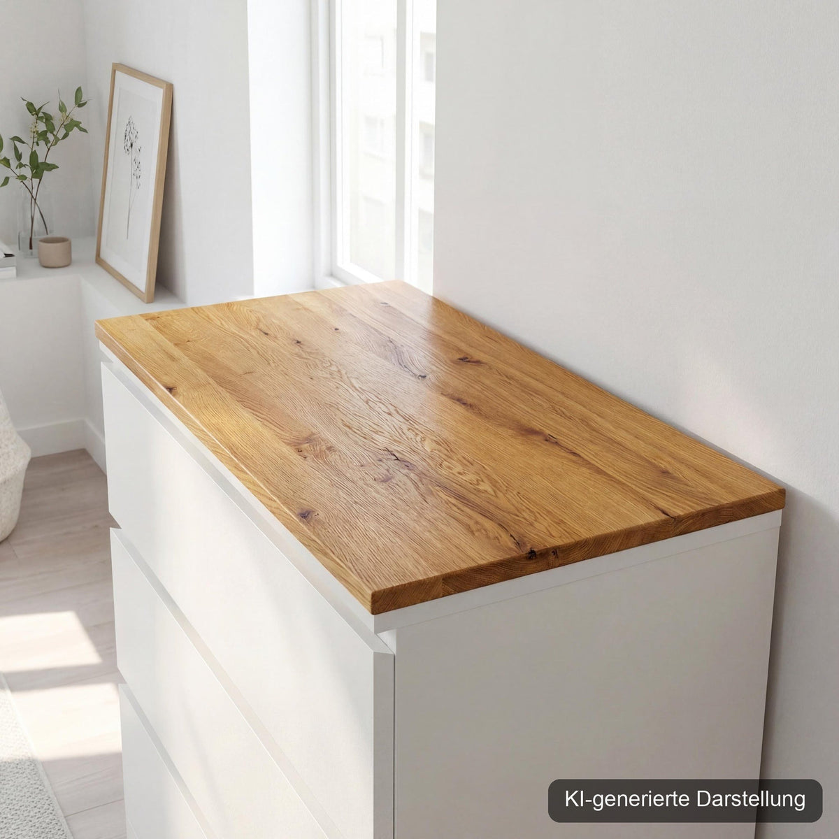 Malm Deckplatte Wildeiche · Massivholz 19 mm, KI-generierte Darstellung