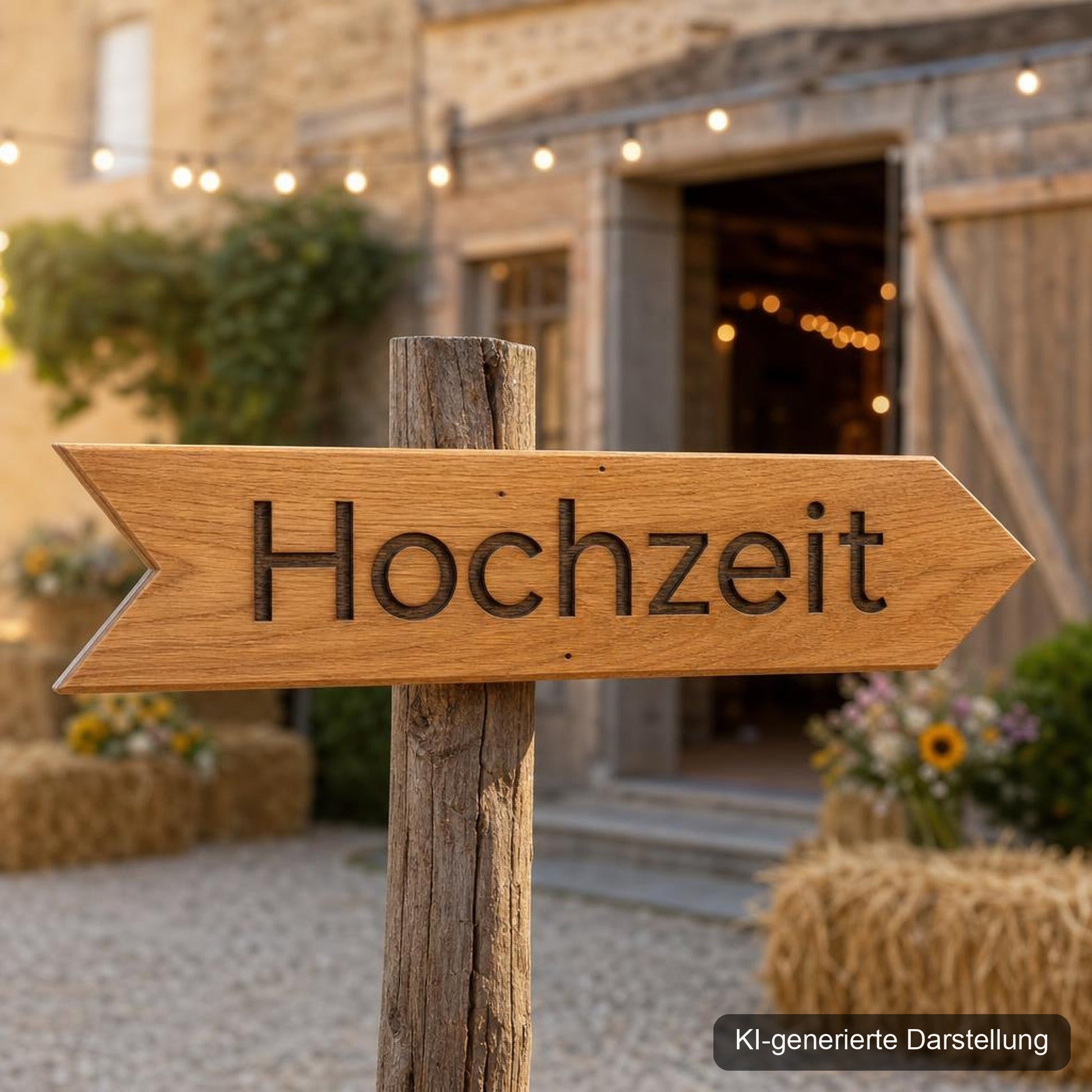 Eichen Wegweiser personalisiert · 60 × 12 cm, KI-generierte Darstellung