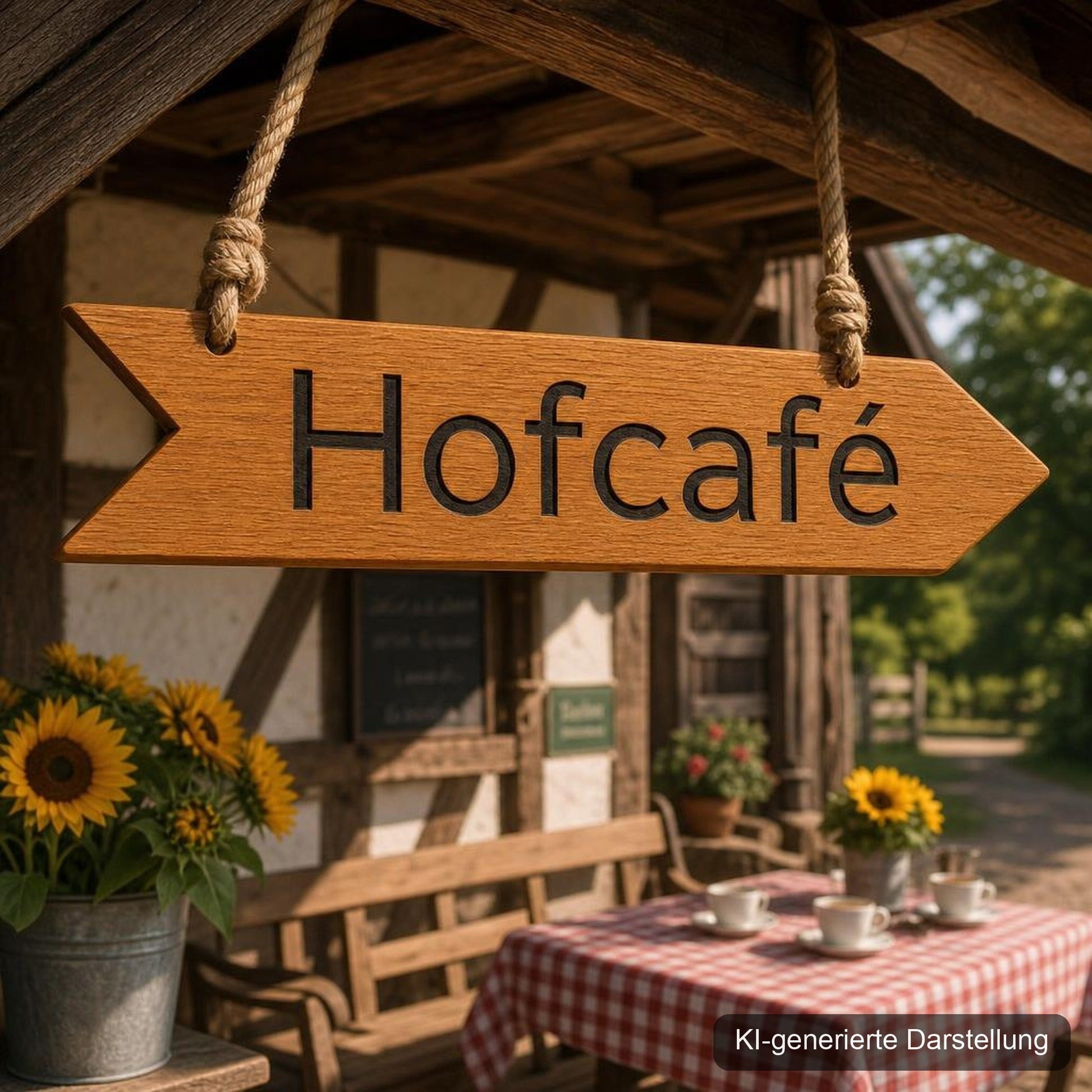Eichen Wegweiser personalisiert · 60 × 12 cm, KI-generierte Darstellung