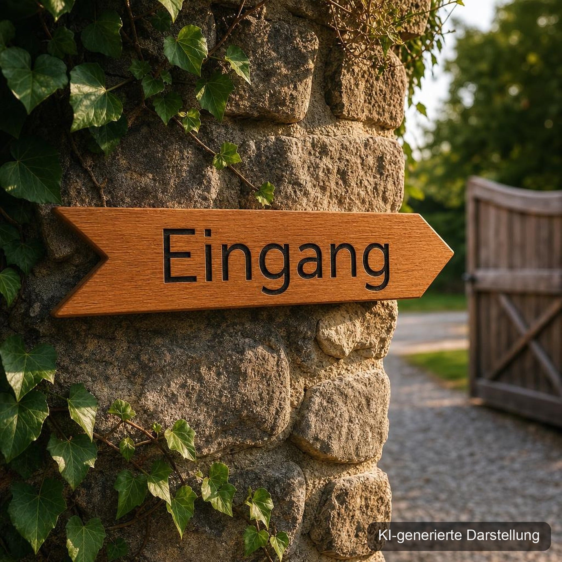 Eichen Wegweiser personalisiert · 60 × 12 cm, KI-generierte Darstellung