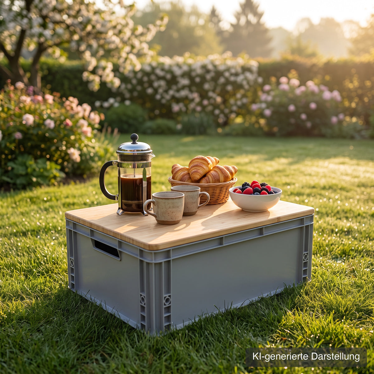 Eurobox-Deckel Bambus als Gartentisch mit Fruehstueck, KI-generierte Darstellung
