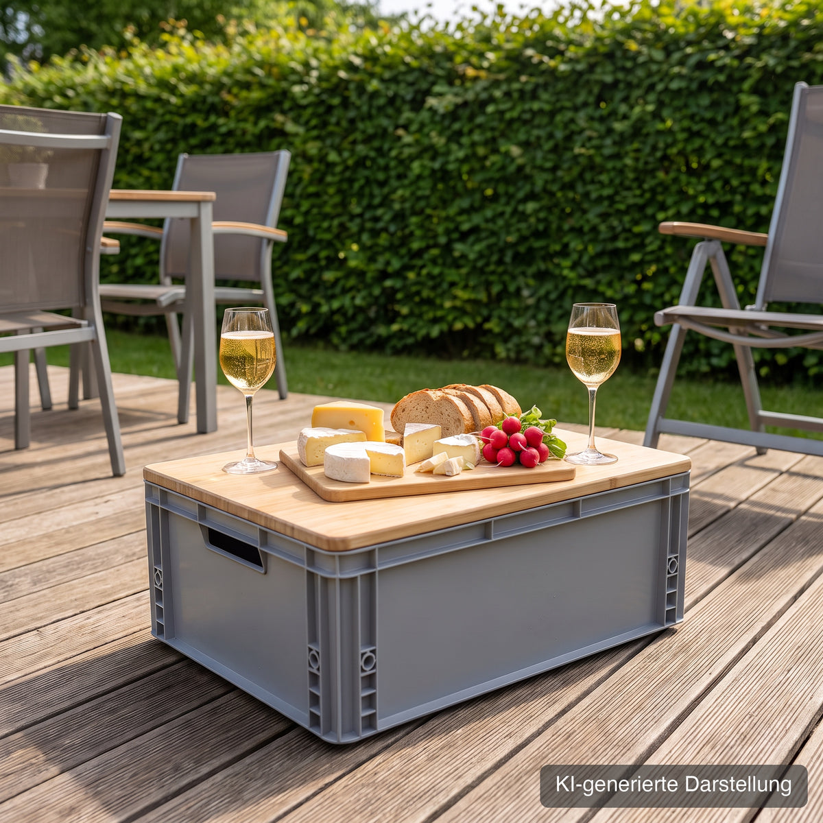Eurobox-Deckel Bambus als Beistelltisch auf der Terrasse, KI-generierte Darstellung
