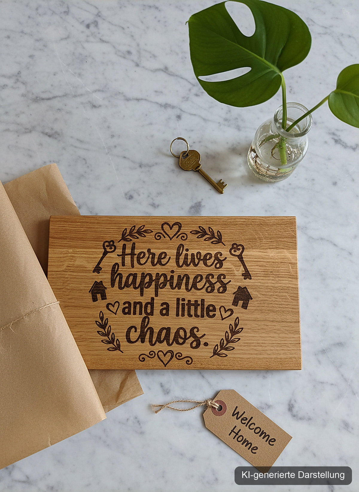 Holzschild 'Here lives happiness' · Wildeiche, KI-generierte Darstellung