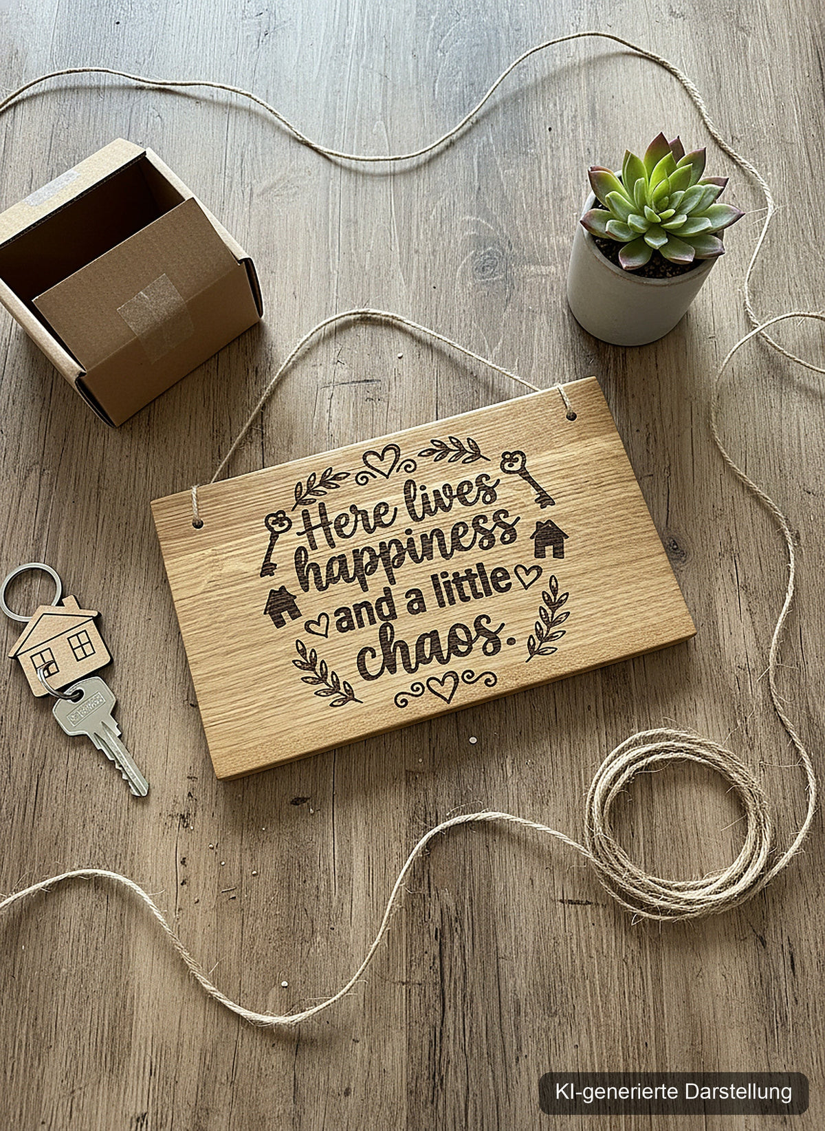 Holzschild 'Here lives happiness' · Wildeiche, KI-generierte Darstellung