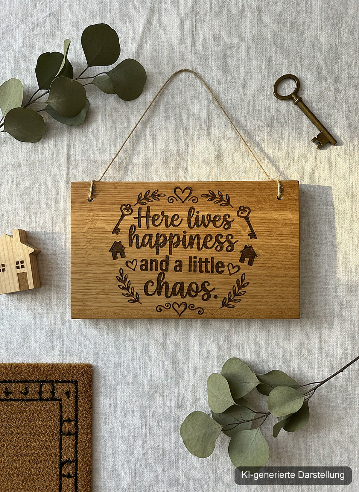 Holzschild 'Here lives happiness' · Wildeiche, KI-generierte Darstellung