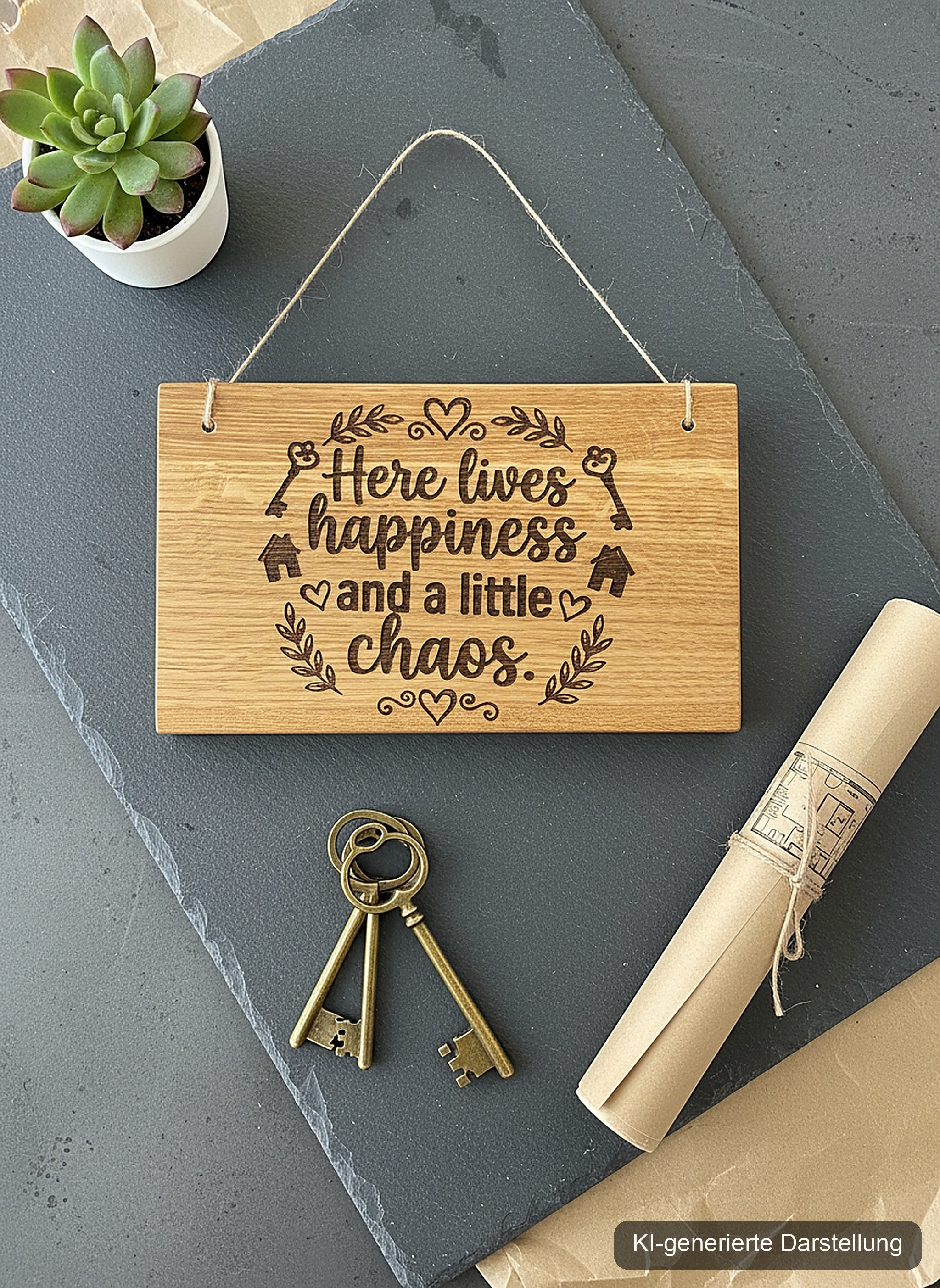 Holzschild 'Here lives happiness' · Wildeiche, KI-generierte Darstellung