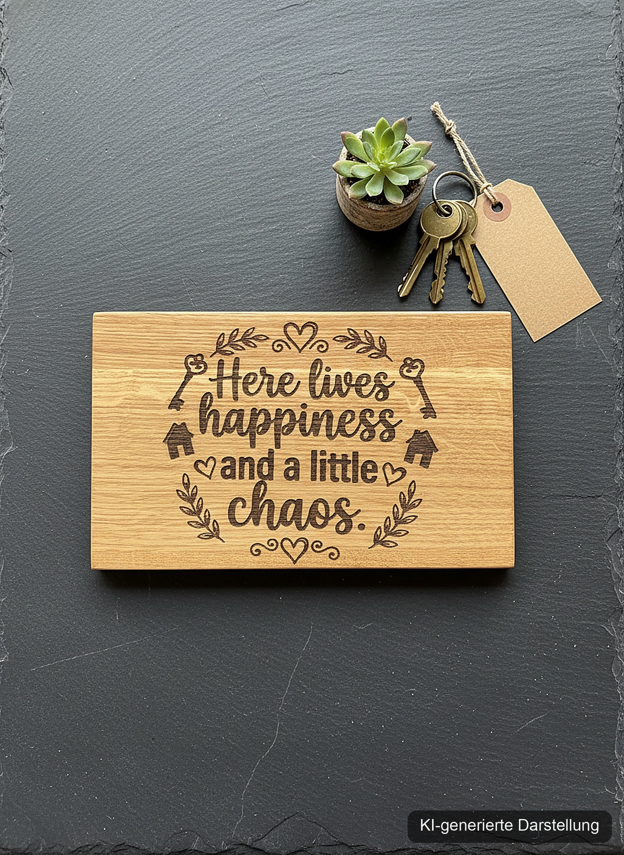 Holzschild 'Here lives happiness' · Wildeiche, KI-generierte Darstellung