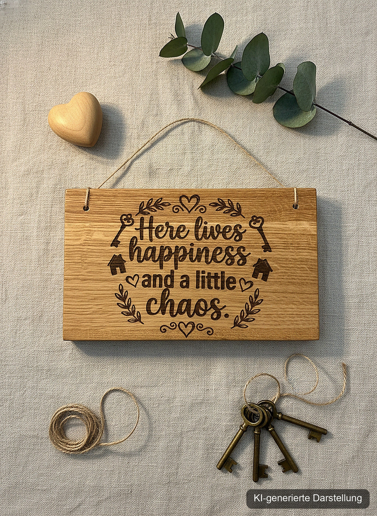 Holzschild 'Here lives happiness' · Wildeiche, KI-generierte Darstellung