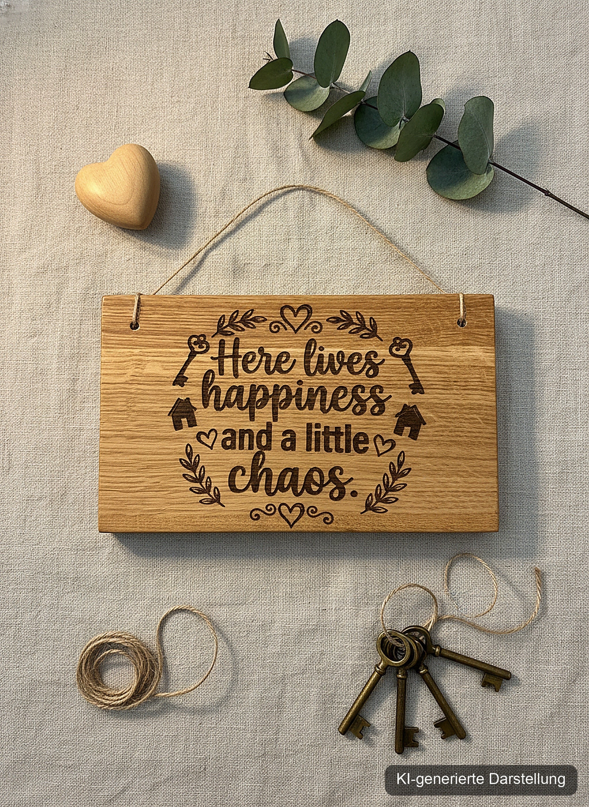 Holzschild 'Here lives happiness' · Wildeiche, KI-generierte Darstellung