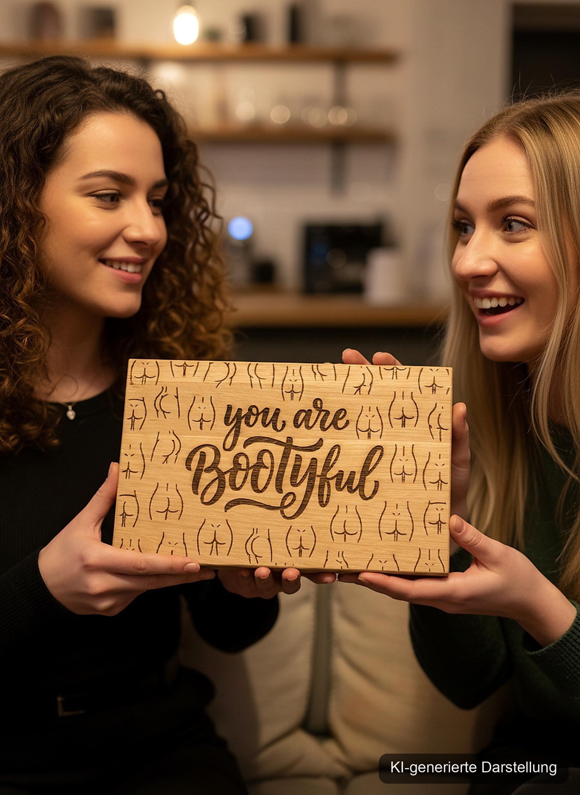 Holzschild 'You are Bootyful' · Wildeiche, KI-generierte Darstellung