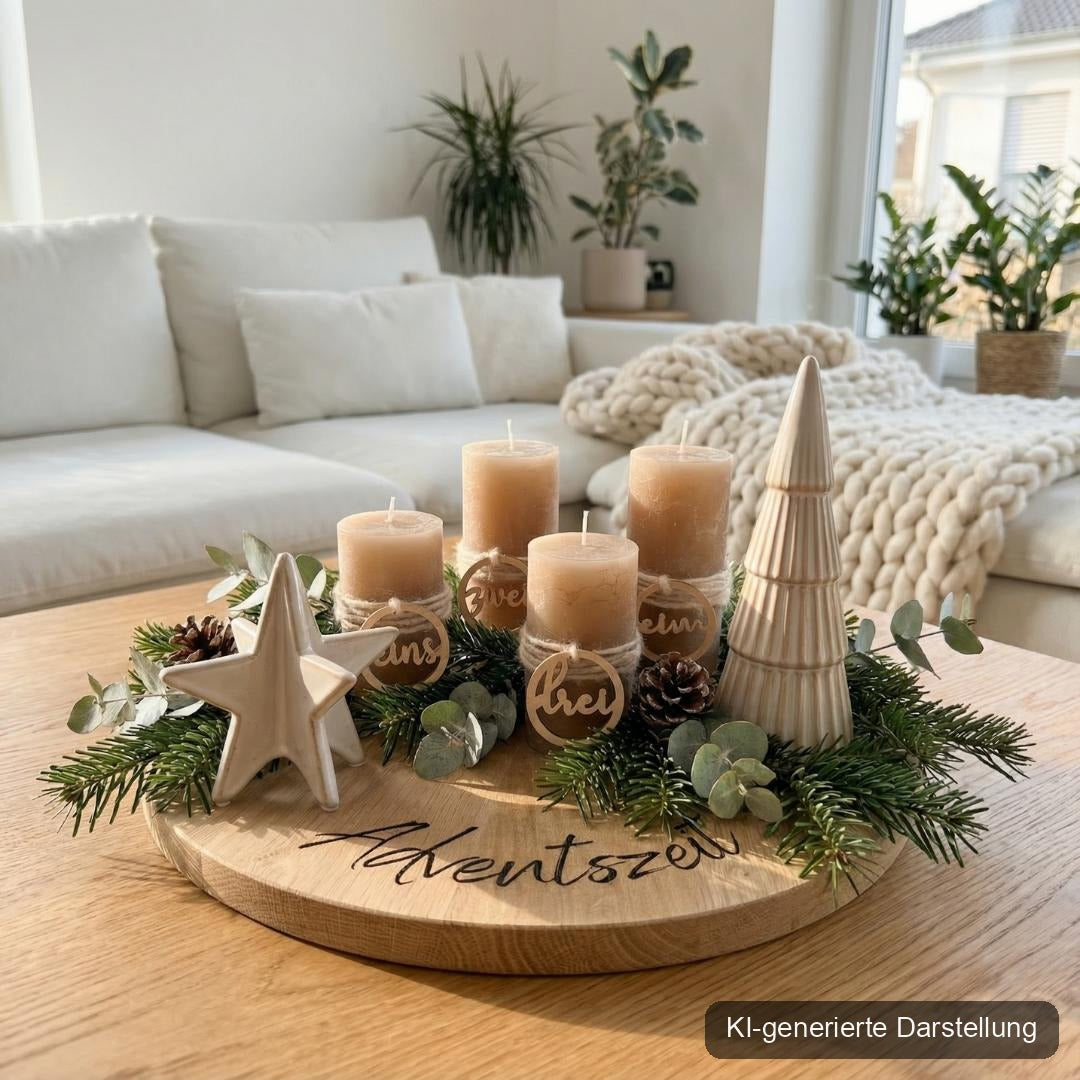 Adventskranz aus massiver Eiche  natürliche Weihnachtsdeko mit Gravur, KI-generierte Darstellung