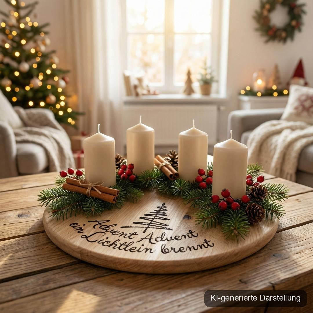 Adventskranz aus massiver Eiche  natürliche Weihnachtsdeko mit Gravur, KI-generierte Darstellung